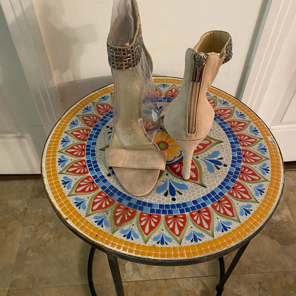 Beige High Heel Sandals with Studded Ankle Strap